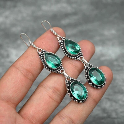 Orecchino Fatto A Mano In Argento Sterling 925 Con Gemma Acquamarina Fine S-40 - Immagine 1 di 4