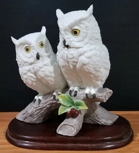 Andrea by Sadek "Owl" Two White Owls on Perch Bisque Figurine w/Wood Base VGPC - Picture 1 of 11