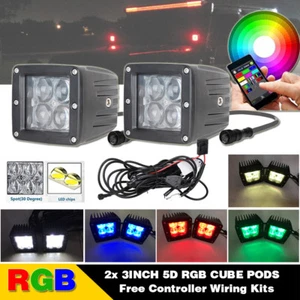 2x 3" 5D RGB LED Work Light Spot Cube Pods Wireless Bluetooth & Control Wiring - Picture 1 of 11