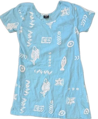 Exist Sports Line T 恤连衣裙 XL 蓝色鱼 Y2K 度假村海滩 90 年代艺术封面 — 第 1/4 张图片