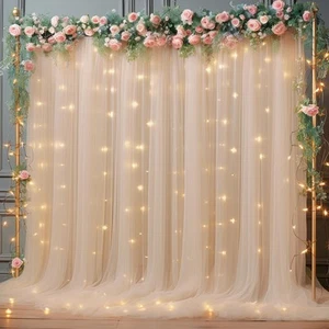 10x8ft Champagne Tulle Backdrop Curtain with Lights String for Parites, Sheer... - Picture 1 of 8