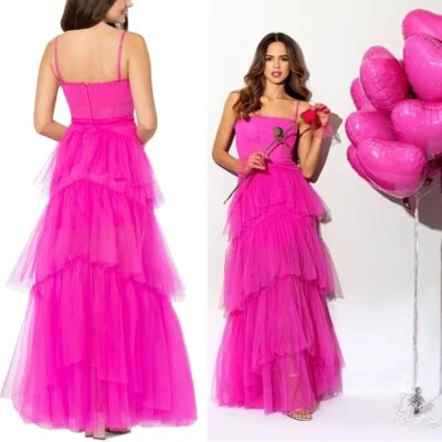 Vestido Corsé Betsy & Adam en Niveles Tul Volantes Talla 10 Rosa Caliente Malla NUEVO $308 Foto 1 de 4