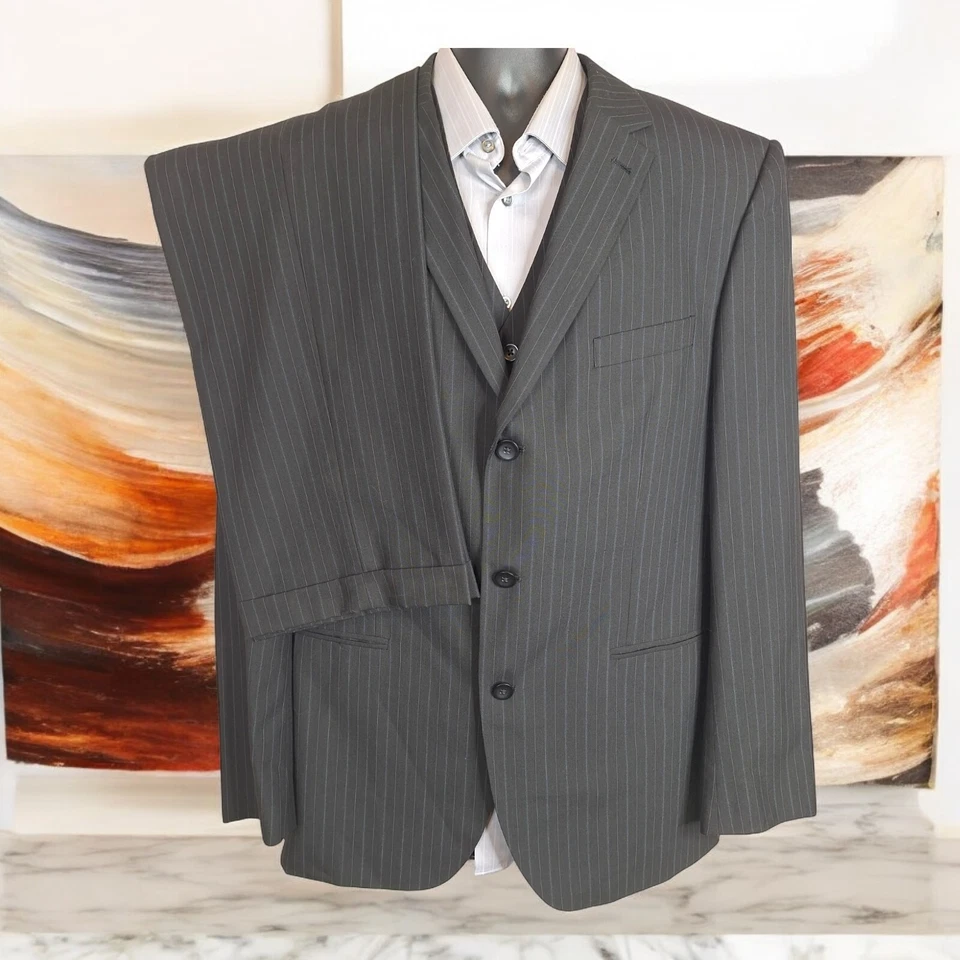 J Ferrar 3 Piece Suit Mens 44L 34X32 Black Stripe 3 Button Single Vented - Image 1 of 4