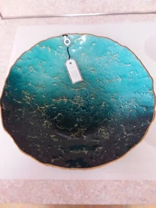 Turkish 16" Art Glass Dark & Light Blues w/ Gold Abstract Design Decorative Bowl - Picture 1 of 9