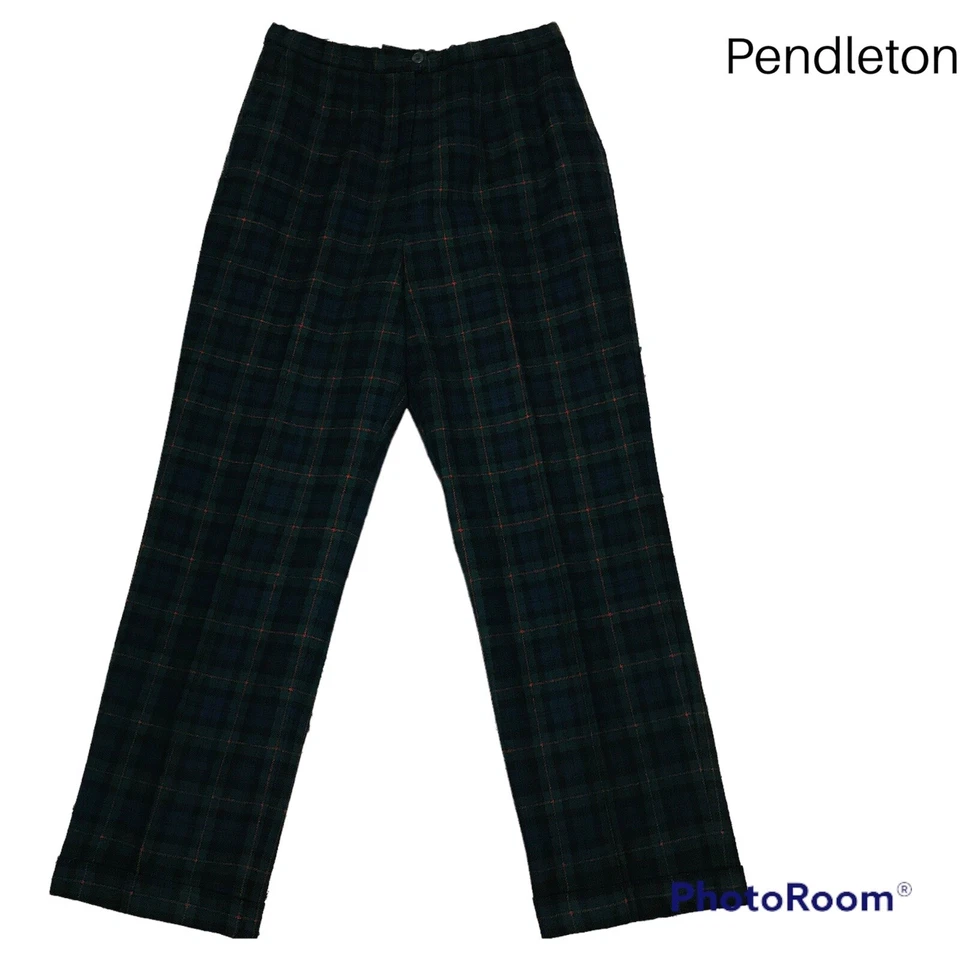 Pantalones de vestir de pierna recta de lana a cuadros azul verde Pendleton de colección para mujer talla 12 EE. UU. Foto 1 de 4