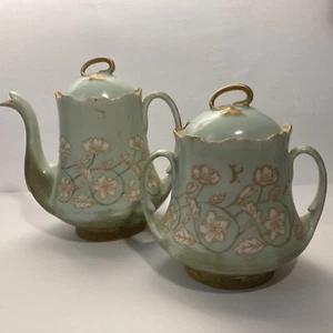 Antigua tetera y azúcar pintada a mano Limoges C. 1890 con tapa * oro verde como nuevo - Imagen 1 de 15
