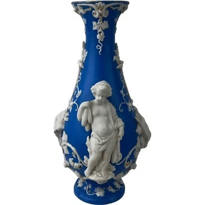 Antique English Relief Molded Parian Vase Cherubs Fowl 19th Century Blue 11" - Picture 1 of 14