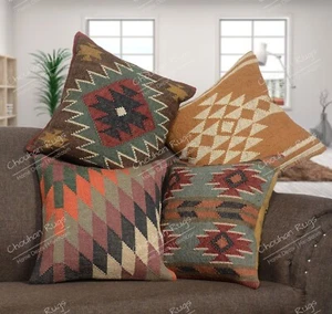 Lot of 4 Pcs Jute Kilim Rugs Cushion Cover Bohemian Pillow Cases For Home Decor - Picture 1 of 8