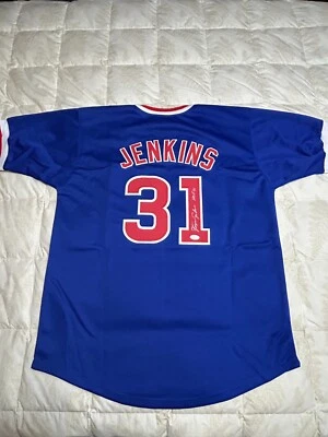 Camiseta deportiva de béisbol azul especializada autografiada de Fergie Jenkins de la corte de los Cachorros certificada por la JSA Foto 1 de 3