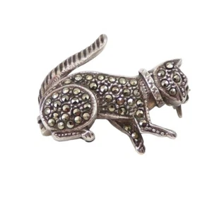 Vintage Sterling Silver 3D Pet Cat Kitten Animal Marcasite Pin Brooch - Picture 1 of 4