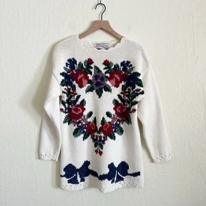 Vintage 90s Nuggets Floral Heart Bow Pullover Crewneck Tunika Sweater Medium - Bild 1 von 5