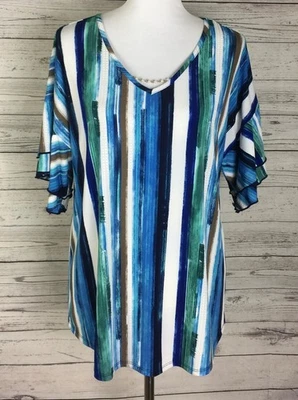 Top para mujer Cato multicolor a rayas con volantes manga campana cuentas cuello en V talla M Foto 1 de 4