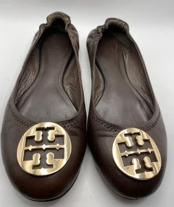 Tory Burch Minnie Travel braune Leder Ballerinas, Gold Logo Medaillon, 7,5/38 - Bild 1 von 8