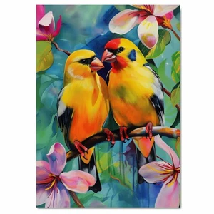 Yellow Bird Pair Art in Floral Background Flat Rolled, Framed or Wrapped Canvas - Picture 1 of 19