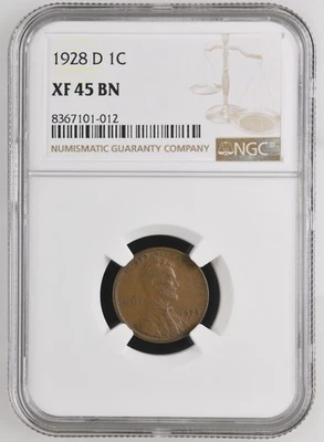 1928 D Lincoln cent graded by NGC XF 45 BN - Image 1 of 2
