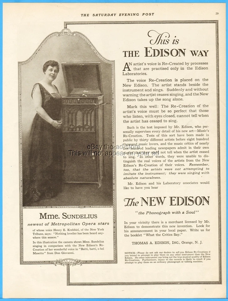 1917 Edison Phonograph Metropolitan Opera Company N Marie Sundelius Photo Ad - Imagem 1 de 1