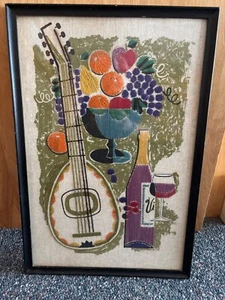 Vtg 1965 Mid Century MOD Hallman Crewel Embroidery Wool Art Siesta 17x25" - Picture 1 of 18