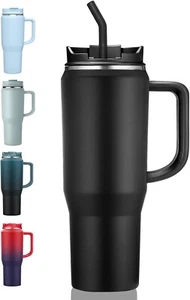 40 oz Insulated Tumbler with Handle, Lid & Straw – Black Stainless Steel Mug - Picture 1 of 4