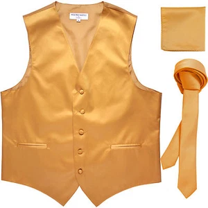 New Men's Gold vest Tuxedo Waistcoat_1.5" necktie & hankie set wedding formal - Picture 1 of 4