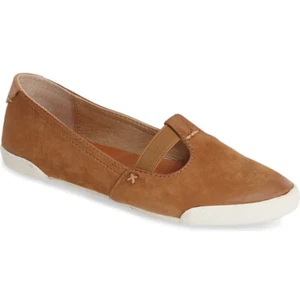 NUOVO! FRYE Melanie T Strap donna 8,5 cammello buffed pelle nabuk piatto prezzo al pubblico consigliato $148 - Foto 1 di 9