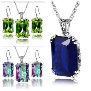 925 Silver Plated Shinny Gem Crystal Drop Stick Earring Stud Necklace Set Gift - Picture 1 of 11