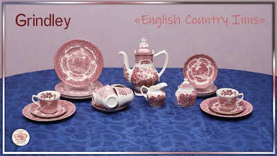 Kaffeeservice 6P. "English Country Inns" von Grindley kanne teller tasse rot - Bild 1 von 4