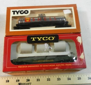 Tyco HO Train Cars: 367-C Shell Tank Car + 342B Western Maryland Skid Flat in OB - Picture 1 of 6