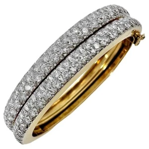 Pair of 14k Yellow Gold Oval Bangles with Pave Diamonds on across the Top - Picture 1 of 13