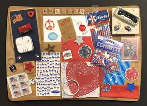AMERICA Junk Drawer Red White Blue Collage Collection Advertising Scrapbook Flag - Picture 1 of 12