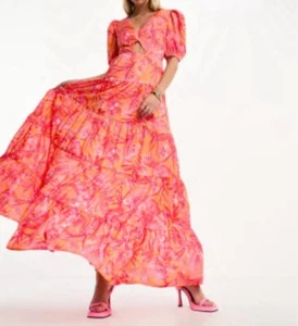 Puff Sleeve Pink Floral Peek a Boo Midriff Stretchy Flowy MIDI Dress NEW Size XL - Picture 1 of 15