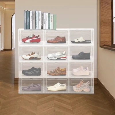12PCS Shoe Storage Boxes Clear Stackable Shoe Organizer Container Clear Shoe Box - Image 1 of 4