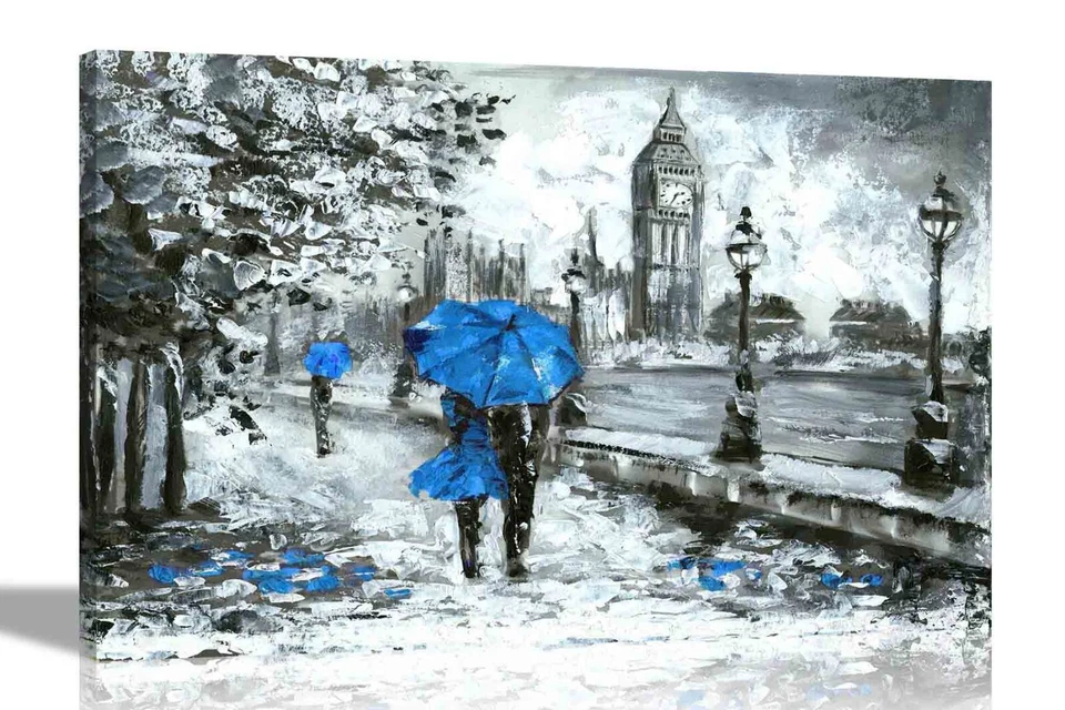London Couple with Umbrella Canvas Prints Romantic Wall Art Pictures Framed Gift - Image 1 of 4
