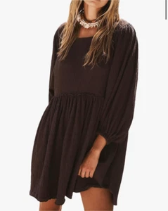 NEW Brown Babydoll 3/4 Puff Sleeve Crew Neck Mini Loose Flowy Dress S - Picture 1 of 6