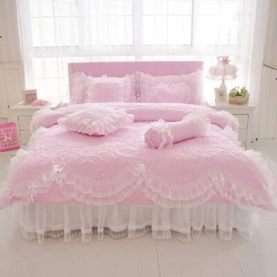 100%Cotton Thick Quilted Lace Bedding Set King Queen Twin Princess BedSkirt Set - Image 1 of 4