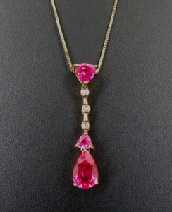 Necklace Gold Vermeil over Sterling Silver Pink Bright Stones Chain Drop Pendant - Picture 1 of 4
