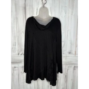 CHICOS COWL NECK BLACK MIXED RIBBED LACE BOHO PATCHWORK TUNIC TOP LONG SLEEVE XL - Picture 1 of 13