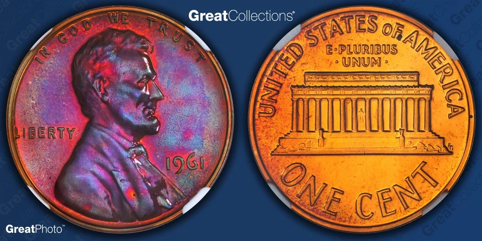 1961 TONED Lincoln Memorial Cent Proof NGC PF 66 BN PR66BN Toning Coin 1C - Image 1 of 4