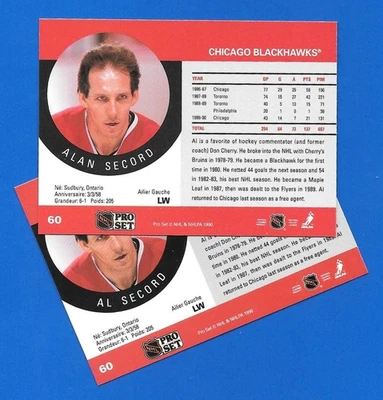 #60 AL SECORD ERROR ALAN + CORRECTED 1990-91 PRO SET BLACK HAWKS - Image 1 of 2