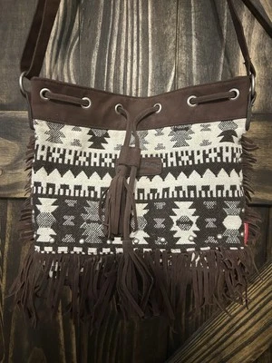 Union Bay Fringe Crossbody Bag Black & White Aztec Boho Fabric & Faux Leather - Image 1 of 4