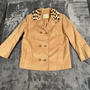 Vintage Nordstrom Best Coat Womens Medium Camel Hair Leopard Collar Peacoat 60s - Picture 1 of 17