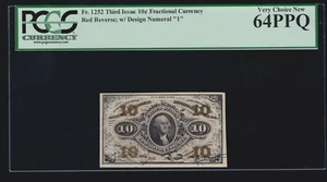 US 10c Fractional Currency Note w/ '1' & Red Back FR 1252 PCGS 64 PPQ Ch CU (20) - Picture 1 of 2