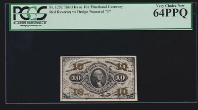 US 10c Fractional Currency Note w/ '1' & Red Back FR 1252 PCGS 64 PPQ Ch CU (20) - Image 1 of 2