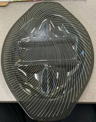 Vintage Lausitzer Glas Kristall 60s Op Art Serving Tray Glass Smokey Black White - Image 1 of 3