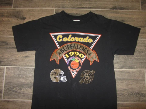 Vintage Colorado Buffaloes 1990 Orange Bowl Nutmeg Black T-Shirt NCAA Football L Cover