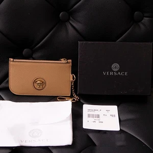 NEW $400 VERSACE Tan Leather GOLD LA MEDUSA LOGO Card CASE WALLET w/ KEY CHAIN - Picture 1 of 12