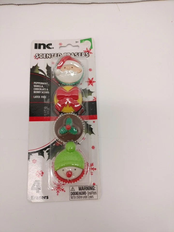 4 Pack Holiday Scented Erasers Santa Snowman Gift Holly Cupcake Shapes