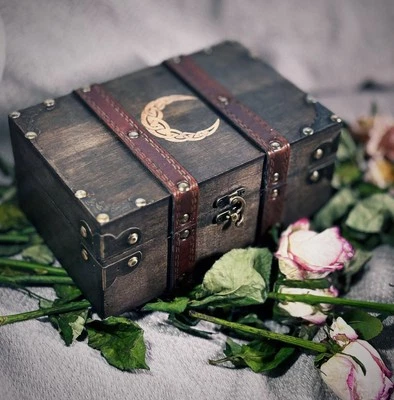 Crescent Celtic Moon Wooden Chest with Velvet Lining & Leather Keepsake Box - Image 1 of 4
