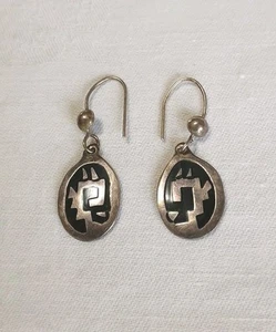 Sterling Silver Earrings 1"  Black Enamel Drop Dangle Signed 3.7 Grams Abstract  - Picture 1 of 5
