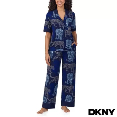 DKNY Ladies Notch Collar 3 Piece Pyjama Set in Blue Print Size XL - Image 1 of 4