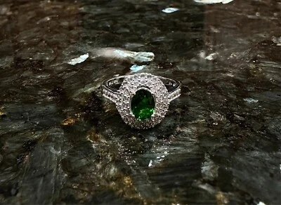Brazil Green Tourmaline & White Zircon Sterling Silver Cocktail Halo Ring Size 7 - Изображение 1 из 4